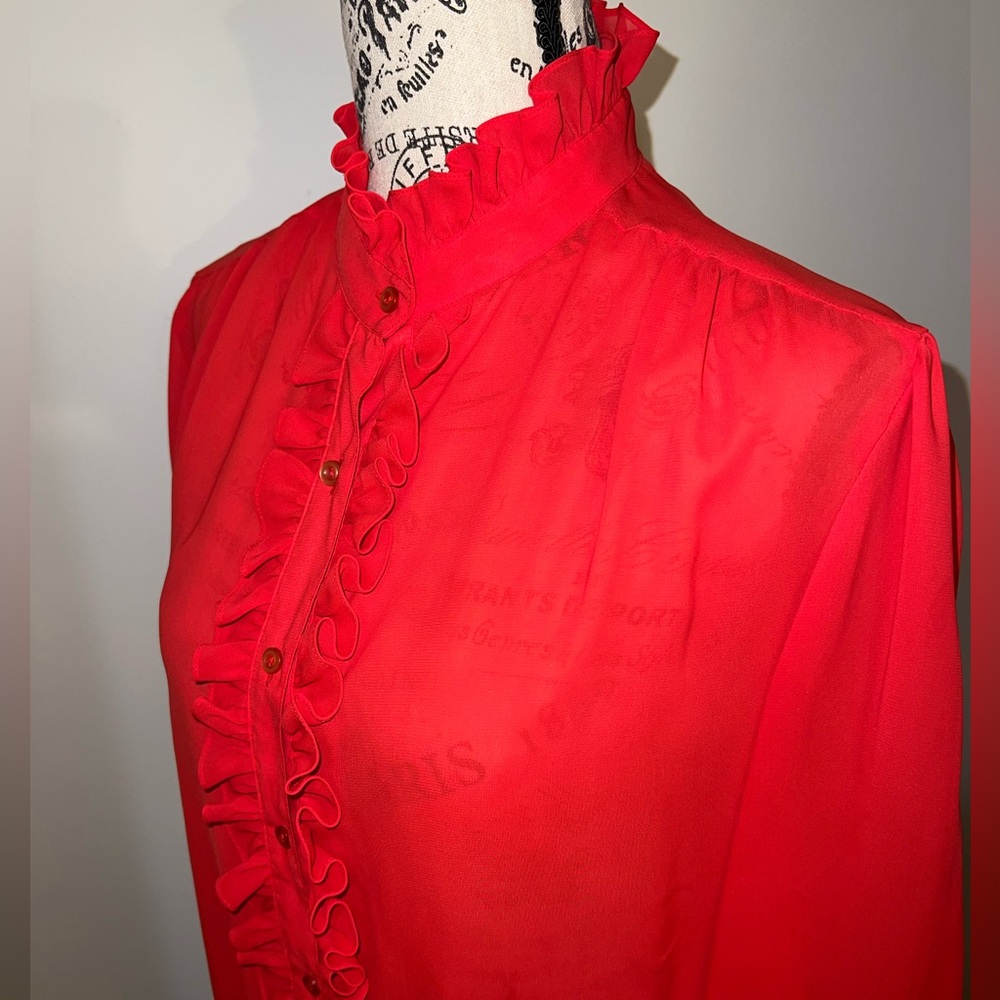 Alicia Vintage Red Ruffle High Neck Blouse Secretary Victorian Romantic Size 14 - Picture 4 of 11